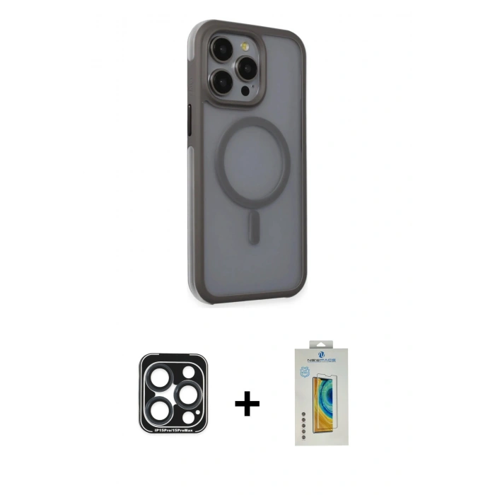 MARSİLYAN™- iPhone 15 Pro Max Kılıf Çekirdek Yansıma Prime - Siyah Polymer Nano Ekran Koruyucu + Lacivert PVD Metal Kamera Lens