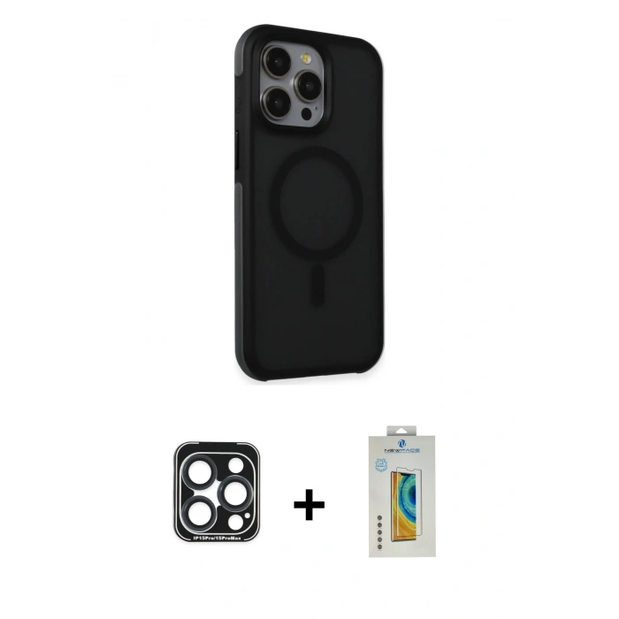 MARSİLYAN™- iPhone 15 Pro Max Kılıf Çekirdek Yansıma Prime - Siyah Polymer Nano Ekran Koruyucu + Lacivert PVD Metal Kamera Lens