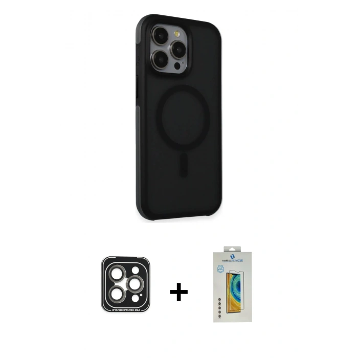MARSİLYAN™- iPhone 15 Pro Max Kılıf Çekirdek Yansıma Prime - Siyah Polymer Nano Ekran Koruyucu + PVD Metal Kamera Lens - GI