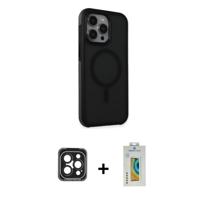 MARSİLYAN™- iPhone 15 Pro Max Kılıf Çekirdek Yansıma Prime - Siyah Polymer Nano Ekran Koruyucu + PVD Metal Kamera Lens - SH