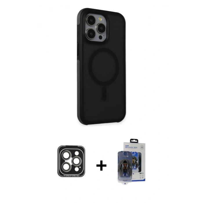 MARSİLYAN™- iPhone 15 Pro Max Kılıf Çekirdek Yansıma Prime - Siyah Vanessa Magic Cam + Gri PVD Metal Kamera Lens