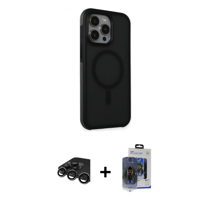 MARSİLYAN™- iPhone 15 Pro Max Kılıf Çekirdek Yansıma Prime - Siyah Vanessa Magic Cam + Titanyum Gri Raze Metal Kamera Lens