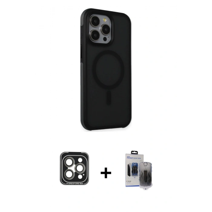 MARSİLYAN™- iPhone 15 Pro Max Kılıf Çekirdek Yansıma Prime - Siyah Vanessa Magic Hayalet Cam + Gri PVD Metal Kamera Lens