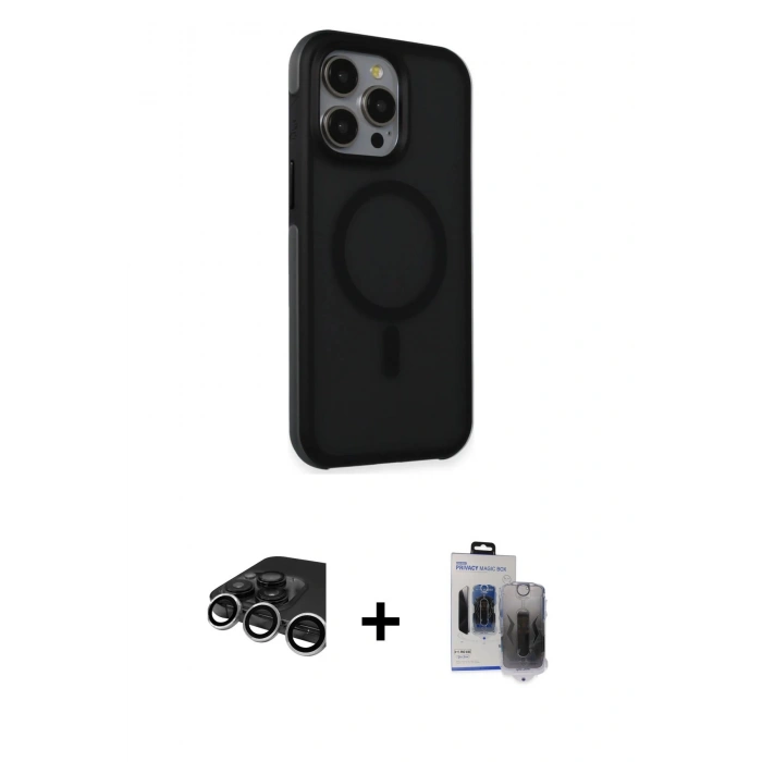 MARSİLYAN™- iPhone 15 Pro Max Kılıf Çekirdek Yansıma Prime - Siyah Vanessa Magic Hayalet Cam + Raze Metal Kamera Lens - GS