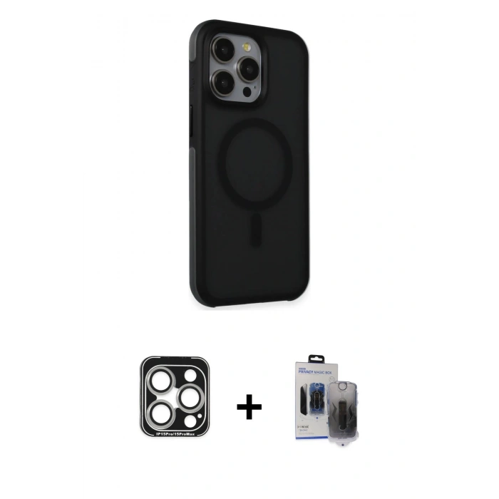 MARSİLYAN™- iPhone 15 Pro Max Kılıf Çekirdek Yansıma Prime - Siyah Vanessa Magic Hayalet Cam + PVD Metal Kamera Lens - GS