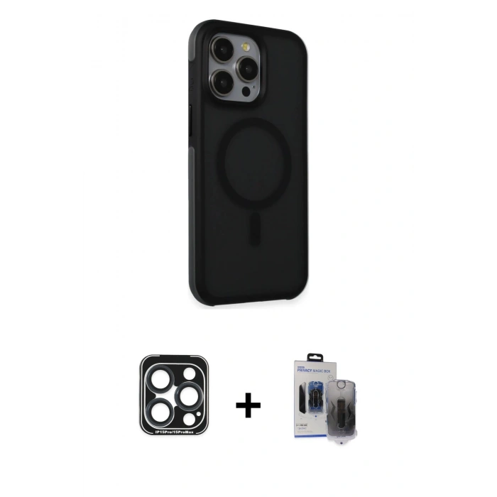 MARSİLYAN™- iPhone 15 Pro Max Kılıf Çekirdek Yansıma Prime - Siyah Vanessa Magic Hayalet Cam + PVD Metal Kamera Lens - LT