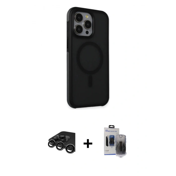 MARSİLYAN™- iPhone 15 Pro Max Kılıf Çekirdek Yansıma Prime - Siyah Vanessa Magic Hayalet Cam + Raze Metal Kamera Lens - TMGI