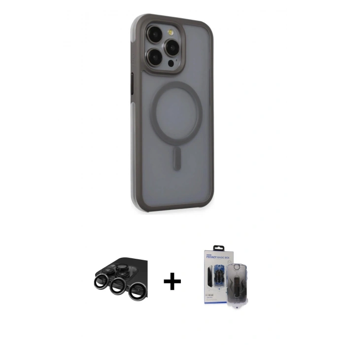 MARSİLYAN™- iPhone 15 Pro Max Kılıf Çekirdek Yansıma Prime - Siyah Vanessa Magic Hayalet Cam + Raze Metal Kamera Lens - TMGI