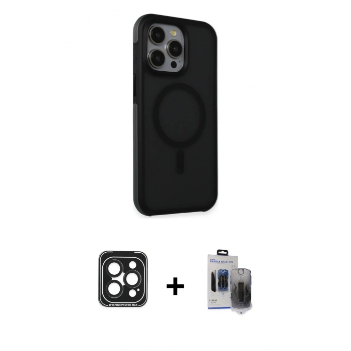 MARSİLYAN™- iPhone 15 Pro Max Kılıf Çekirdek Yansıma Prime - Siyah Vanessa Magic Hayalet Cam + PVD Metal Kamera Lens - SH