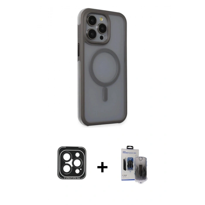 MARSİLYAN™- iPhone 15 Pro Max Kılıf Çekirdek Yansıma Prime - Siyah Vanessa Magic Hayalet Cam + PVD Metal Kamera Lens - SH