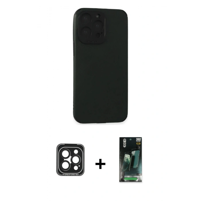 MARSİLYAN™- iPhone 15 Pro Max Kılıf Doruk Asil Koleksiyonu - Şeffaf 360 Full Body Arka Koruyucu + PVD Metal Kamera Lens - SH