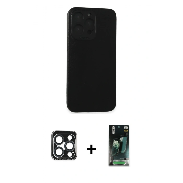 MARSİLYAN™- iPhone 15 Pro Max Kılıf Doruk Asil Koleksiyonu - Siyah 360 Mat Full Body Arka Koruyucu + PVD Metal Kamera Lens - LT