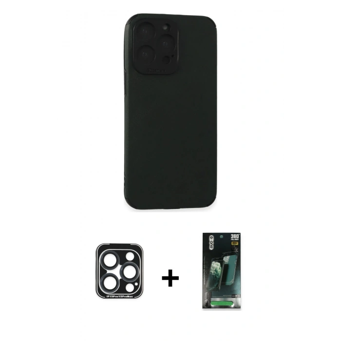 MARSİLYAN™- iPhone 15 Pro Max Kılıf Doruk Asil Koleksiyonu - Siyah 360 Mat Full Body Arka Koruyucu + PVD Metal Kamera Lens - LT