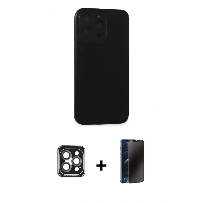 MARSİLYAN™- iPhone 15 Pro Max Kılıf Doruk Asil Koleksiyonu - Siyah 3D Antistatik Hayalet Cam Ekran Koruyucu + PVD Metal Kamera Lens - GI