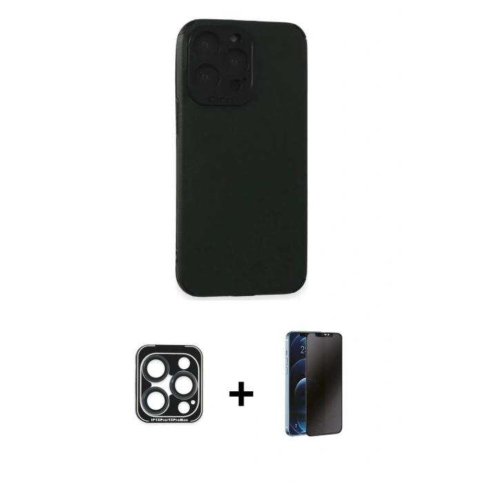 MARSİLYAN™- iPhone 15 Pro Max Kılıf Doruk Asil Koleksiyonu - Siyah 3D Antistatik Hayalet Cam Ekran Koruyucu + PVD Metal Kamera Lens - LT