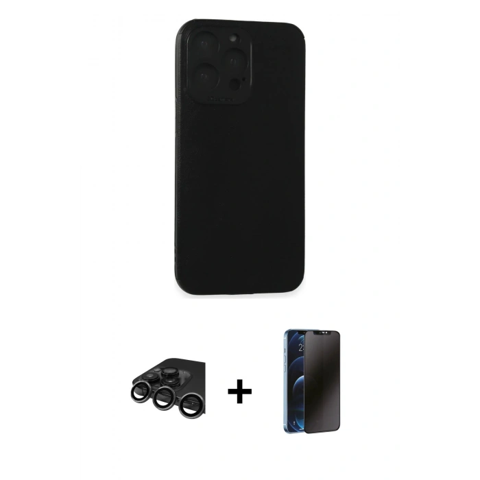 MARSİLYAN™- iPhone 15 Pro Max Kılıf Doruk Asil Koleksiyonu - Siyah 3D Antistatik Hayalet Cam Ekran Koruyucu + Raze Metal Kamera Lens - TMGI