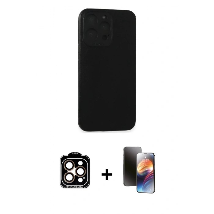 MARSİLYAN™- iPhone 15 Pro Max Kılıf Doruk Asil Koleksiyonu - Siyah 3D Antistatik Mat Seramik Nano Ekran Koruyucu + PVD Metal Kamera Lens - TU