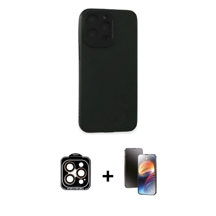 MARSİLYAN™- iPhone 15 Pro Max Kılıf Doruk Asil Koleksiyonu - Siyah 3D Antistatik Mat Seramik Nano Ekran Koruyucu + PVD Metal Kamera Lens - TU