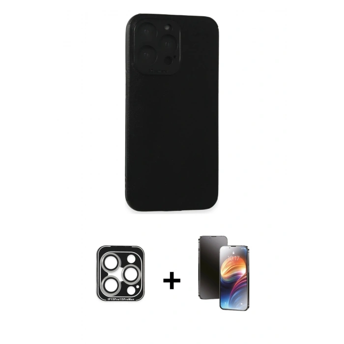 MARSİLYAN™- iPhone 15 Pro Max Kılıf Doruk Asil Koleksiyonu - Siyah 3D Antistatik Mat Seramik Nano Ekran Koruyucu + Gümüş PVD Metal Kamera Lens