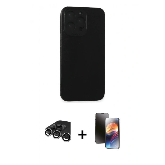 MARSİLYAN™- iPhone 15 Pro Max Kılıf Doruk Asil Koleksiyonu - Siyah 3D Antistatik Mat Seramik Nano Ekran Koruyucu + Gümüş Raze Metal Kamera Lens