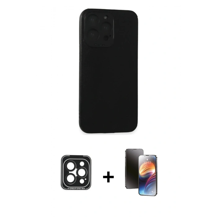MARSİLYAN™- iPhone 15 Pro Max Kılıf Doruk Asil Koleksiyonu - Siyah 3D Antistatik Mat Seramik Nano Ekran Koruyucu + PVD Metal Kamera Lens - SH