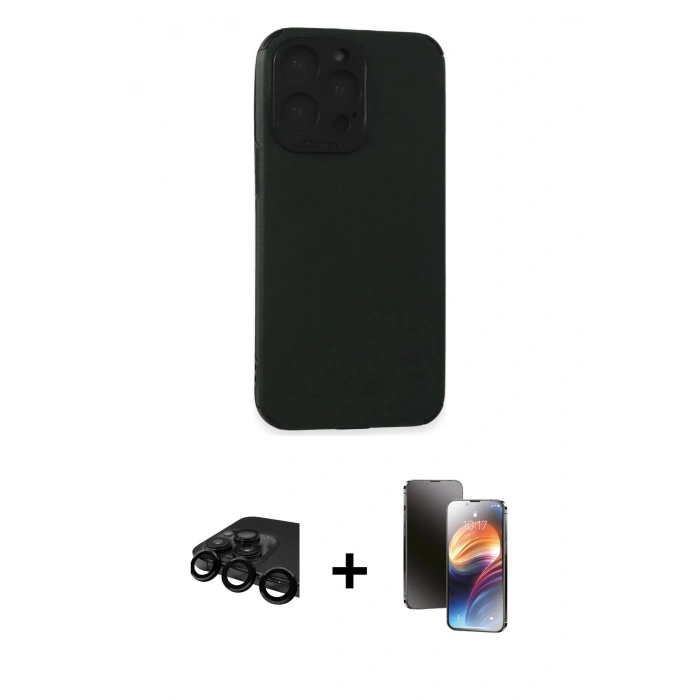MARSİLYAN™- iPhone 15 Pro Max Kılıf Doruk Asil Koleksiyonu - Siyah 3D Antistatik Mat Seramik Nano Ekran Koruyucu + Raze Metal Kamera Lens - SH