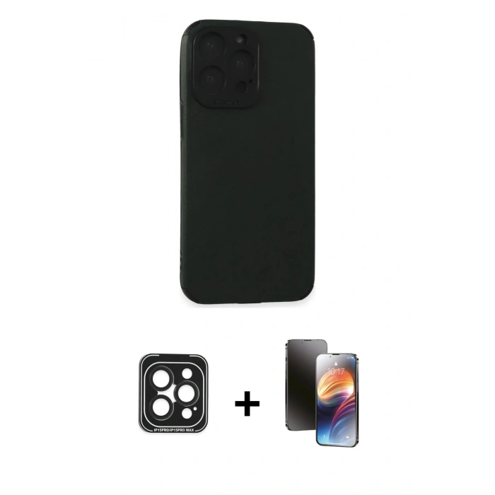 MARSİLYAN™- iPhone 15 Pro Max Kılıf Doruk Asil Koleksiyonu - Siyah 3D Antistatik Mat Seramik Nano Ekran Koruyucu + PVD Metal Kamera Lens - SH