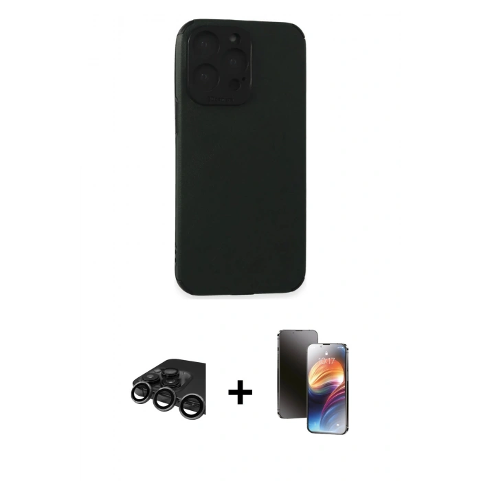 MARSİLYAN™- iPhone 15 Pro Max Kılıf Doruk Asil Koleksiyonu - Siyah 3D Antistatik Mat Seramik Nano Ekran Koruyucu + Raze Metal Kamera Lens - TMGI