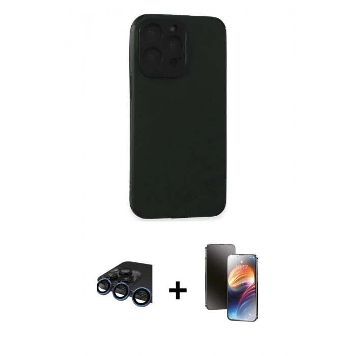 MARSİLYAN™- iPhone 15 Pro Max Kılıf Doruk Asil Koleksiyonu - Siyah 3D Antistatik Mat Seramik Nano Ekran Koruyucu + Raze Metal Kamera Lens - LT
