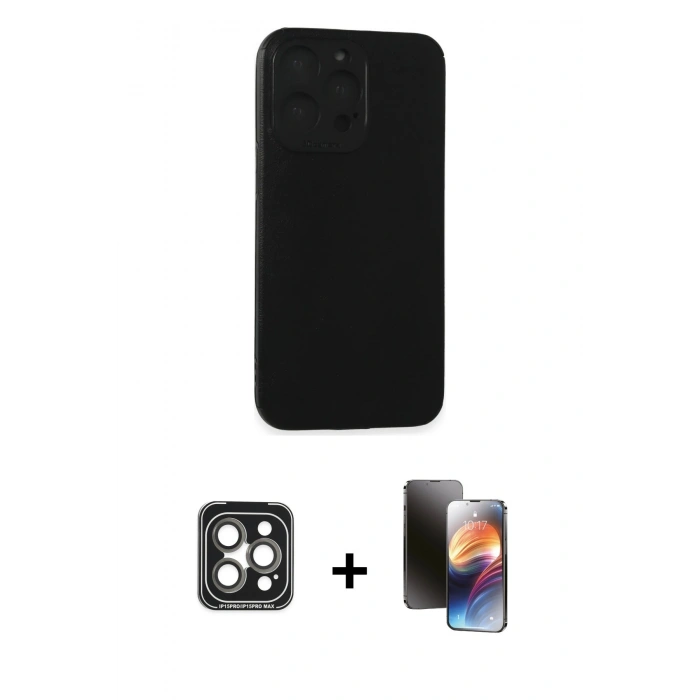 MARSİLYAN™- iPhone 15 Pro Max Kılıf Doruk Asil Koleksiyonu - Siyah 3D Antistatik Mat Seramik Nano Ekran Koruyucu + PVD Metal Kamera Lens - GI