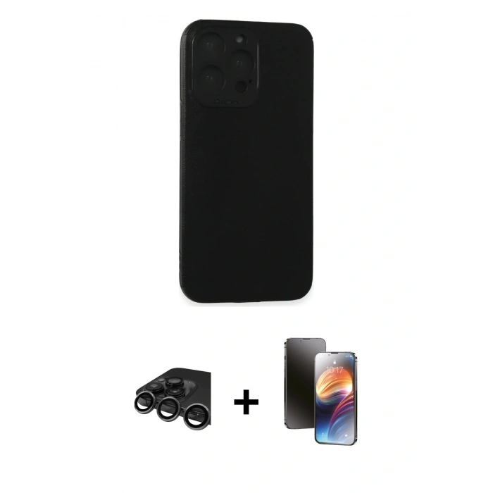 MARSİLYAN™- iPhone 15 Pro Max Kılıf Doruk Asil Koleksiyonu - Siyah 3D Antistatik Mat Seramik Nano Ekran Koruyucu + Raze Metal Kamera Lens - TMGI