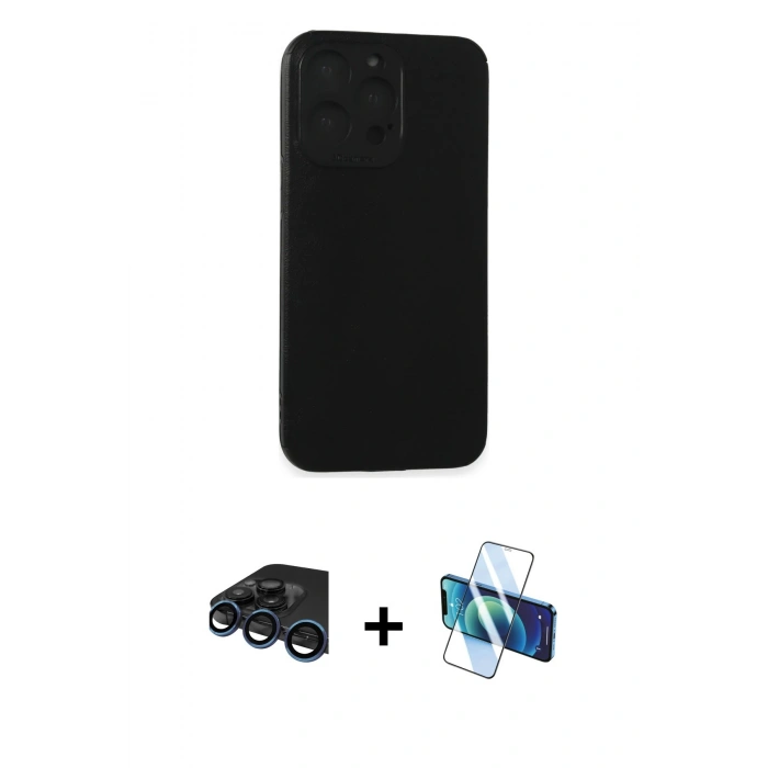MARSİLYAN™- iPhone 15 Pro Max Kılıf Doruk Asil Koleksiyonu - Siyah 3D Antistatik Seramik Nano Ekran Koruyucu + Raze Metal Kamera Lens - LT