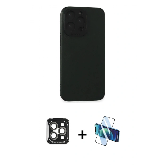 MARSİLYAN™- iPhone 15 Pro Max Kılıf Doruk Asil Koleksiyonu - Siyah 3D Antistatik Seramik Nano Ekran Koruyucu + PVD Metal Kamera Lens - GI