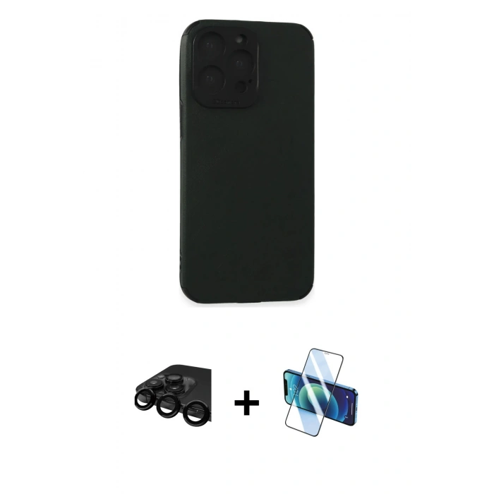 MARSİLYAN™- iPhone 15 Pro Max Kılıf Doruk Asil Koleksiyonu - Siyah 3D Antistatik Seramik Nano Ekran Koruyucu + Raze Metal Kamera Lens - SH