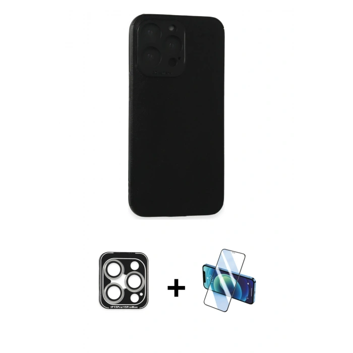 MARSİLYAN™- iPhone 15 Pro Max Kılıf Doruk Asil Koleksiyonu - Siyah 3D Antistatik Seramik Nano Ekran Koruyucu + PVD Metal Kamera Lens - GS