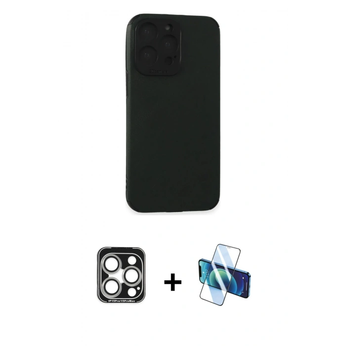 MARSİLYAN™- iPhone 15 Pro Max Kılıf Doruk Asil Koleksiyonu - Siyah 3D Antistatik Seramik Nano Ekran Koruyucu + PVD Metal Kamera Lens - GS