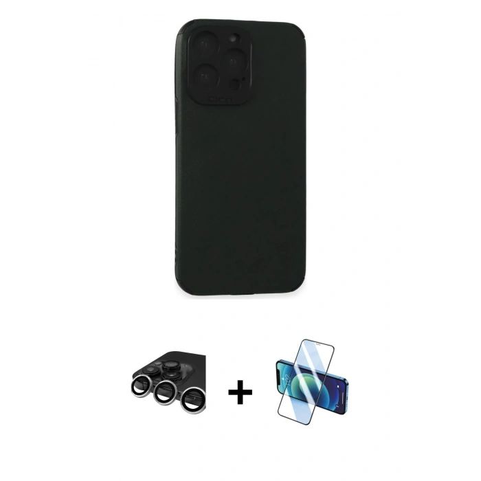 MARSİLYAN™- iPhone 15 Pro Max Kılıf Doruk Asil Koleksiyonu - Siyah 3D Antistatik Seramik Nano Ekran Koruyucu + Raze Metal Kamera Lens - GS