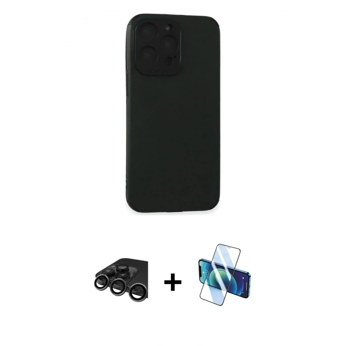 MARSİLYAN™- iPhone 15 Pro Max Kılıf Doruk Asil Koleksiyonu - Siyah 3D Antistatik Seramik Nano Ekran Koruyucu + Raze Metal Kamera Lens - TMGI