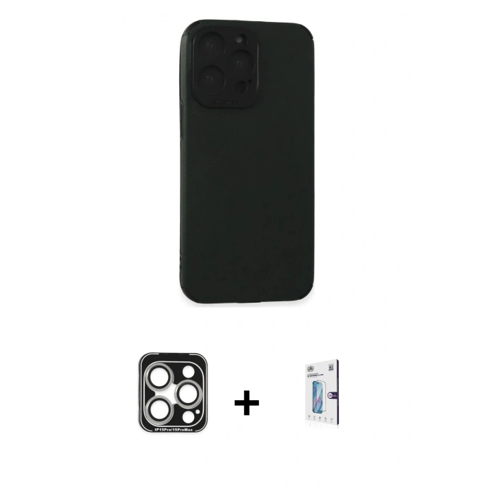 MARSİLYAN™- iPhone 15 Pro Max Kılıf Doruk Asil Koleksiyonu - Siyah Bilvis 0.18mm Plus Cam Ekran Koruyucu + PVD Metal Kamera Lens - GS