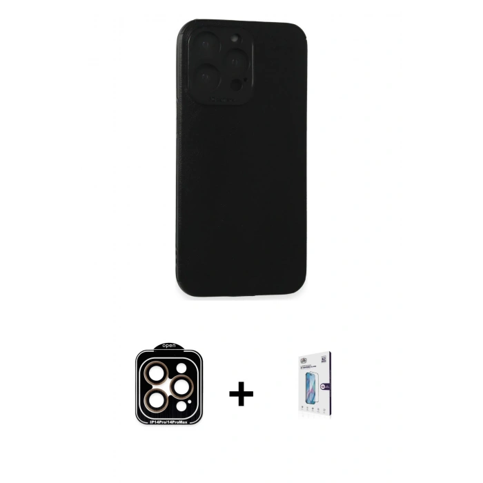 MARSİLYAN™- iPhone 15 Pro Max Kılıf Doruk Asil Koleksiyonu - Siyah Bilvis 0.18mm Plus Cam Ekran Koruyucu + PVD Metal Kamera Lens - TU