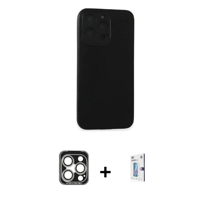 MARSİLYAN™- iPhone 15 Pro Max Kılıf Doruk Asil Koleksiyonu - Siyah Bilvis 0.18mm Plus Cam Ekran Koruyucu + PVD Metal Kamera Lens - GS
