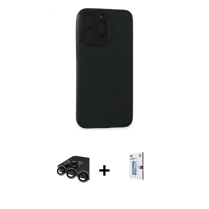 MARSİLYAN™- iPhone 15 Pro Max Kılıf Doruk Asil Koleksiyonu - Siyah Bilvis 0.18mm Plus Cam Ekran Koruyucu + Raze Metal Kamera Lens - TMGI