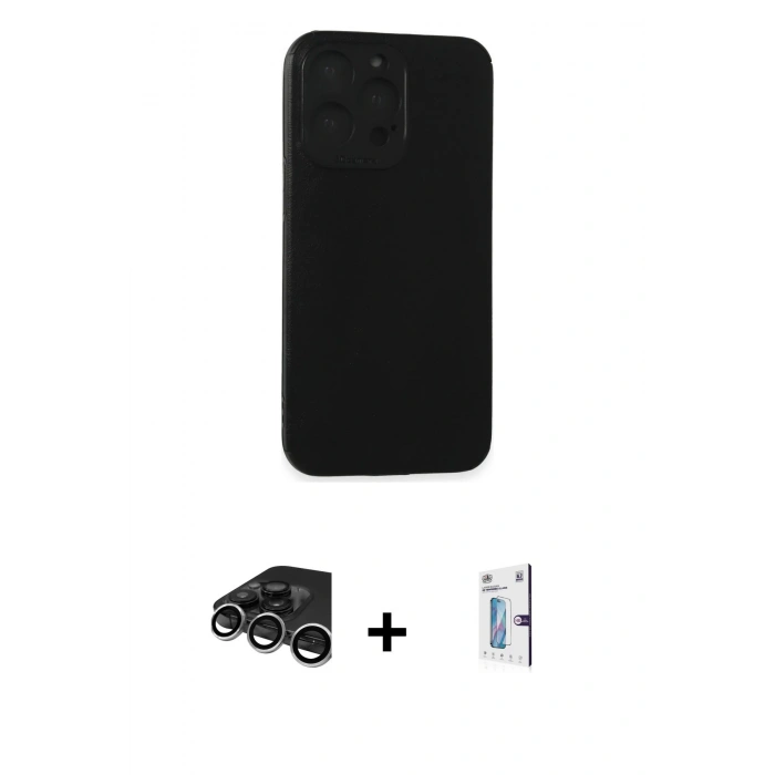 MARSİLYAN™- iPhone 15 Pro Max Kılıf Doruk Asil Koleksiyonu - Siyah Bilvis 0.18mm Plus Cam Ekran Koruyucu + Raze Metal Kamera Lens - GS