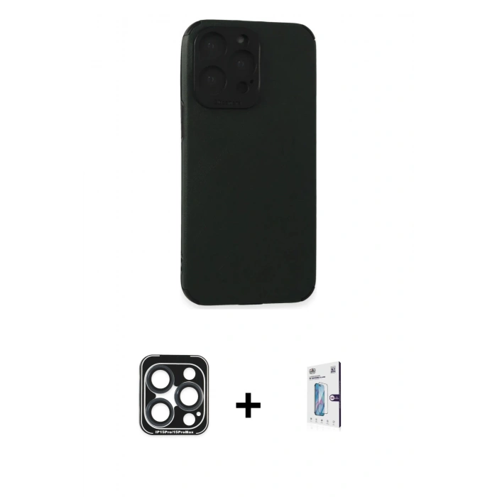 MARSİLYAN™- iPhone 15 Pro Max Kılıf Doruk Asil Koleksiyonu - Siyah Bilvis 0.18mm Plus Cam Ekran Koruyucu + PVD Metal Kamera Lens - LT