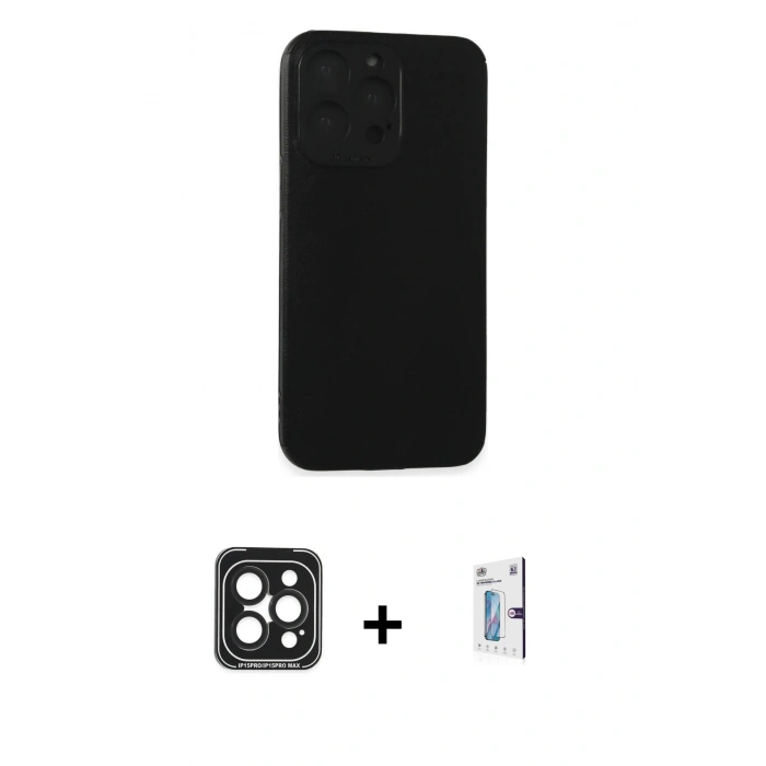 MARSİLYAN™- iPhone 15 Pro Max Kılıf Doruk Asil Koleksiyonu - Siyah Bilvis 0.18mm Plus Cam Ekran Koruyucu + PVD Metal Kamera Lens - SH