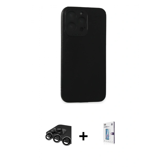 MARSİLYAN™- iPhone 15 Pro Max Kılıf Doruk Asil Koleksiyonu - Siyah Bilvis 0.18mm Plus Cam Ekran Koruyucu + Raze Metal Kamera Lens - TMGI