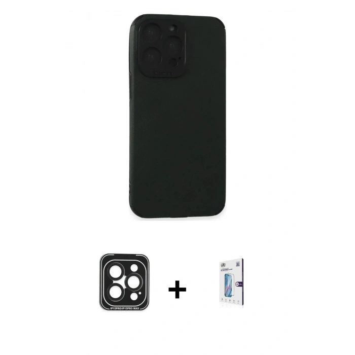 MARSİLYAN™- iPhone 15 Pro Max Kılıf Doruk Asil Koleksiyonu - Siyah Bilvis 0.18mm Plus Cam Ekran Koruyucu + PVD Metal Kamera Lens - SH