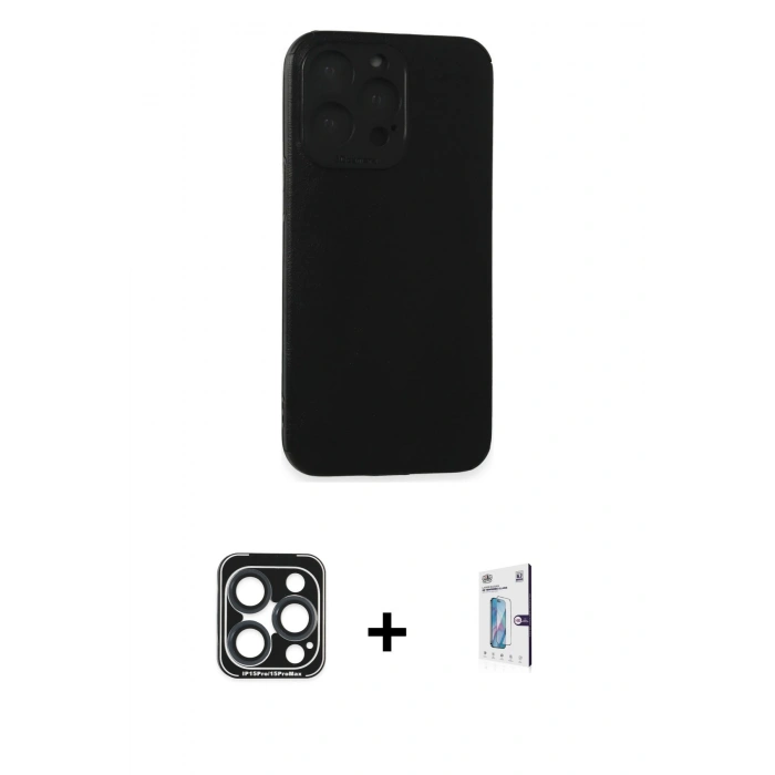 MARSİLYAN™- iPhone 15 Pro Max Kılıf Doruk Asil Koleksiyonu - Siyah Bilvis 0.18mm Plus Cam Ekran Koruyucu + PVD Metal Kamera Lens - LT