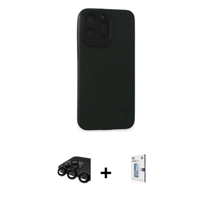MARSİLYAN™- iPhone 15 Pro Max Kılıf Doruk Asil Koleksiyonu - Siyah Bilvis 0.18mm Plus Cam Ekran Koruyucu + Raze Metal Kamera Lens - SH