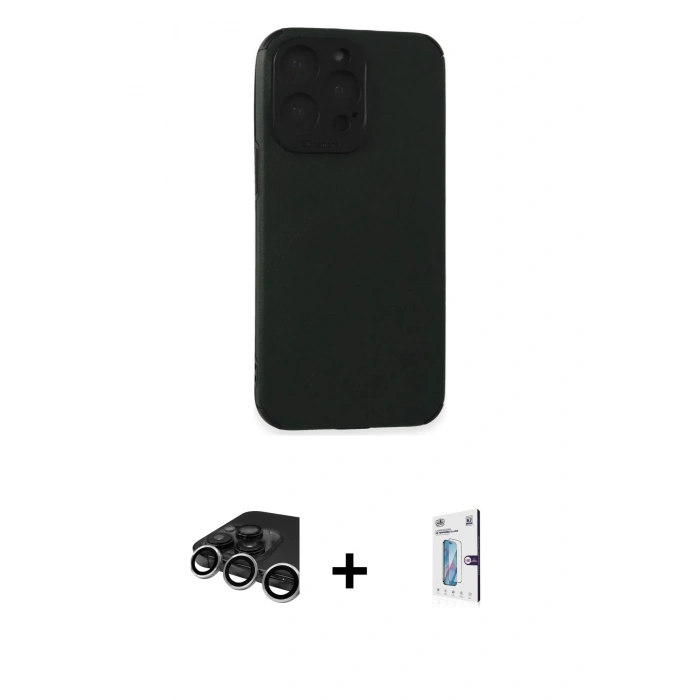 MARSİLYAN™- iPhone 15 Pro Max Kılıf Doruk Asil Koleksiyonu - Siyah Bilvis 0.18mm Plus Cam Ekran Koruyucu + Raze Metal Kamera Lens - GS